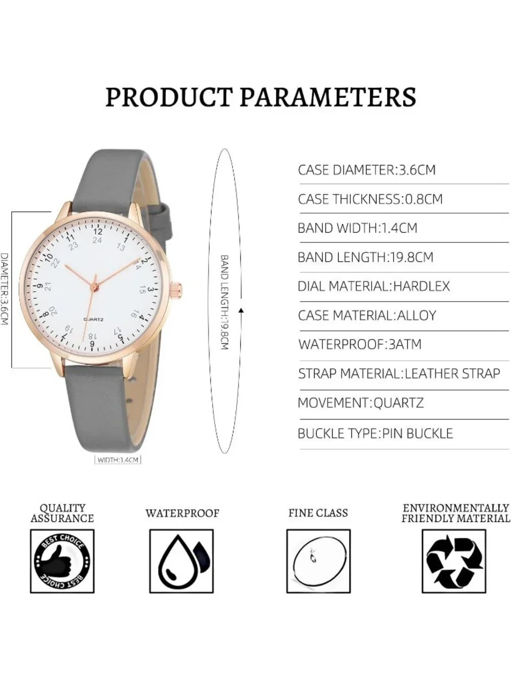 Women's Grey White Dainty Analog Leather Waterproof Reloj Para Mujer Wrist Watch